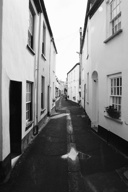 A narrow, paved alleyway between two white residential buildings with small windows and flower boxes on the right side window sills. The buildings have sloped roofs, and there are visible drainpipes along the walls. The ground is slightly wet, with a small puddle in the center reflecting light. Overhead, power lines run across, and the alley extends into the distance, where more similar buildings are visible. This setting illustrates a confined urban space suitable for detailed planning during home relocation or furniture transport, such as those handled by Man with Van Cudham, especially when navigating tight access in house removals.